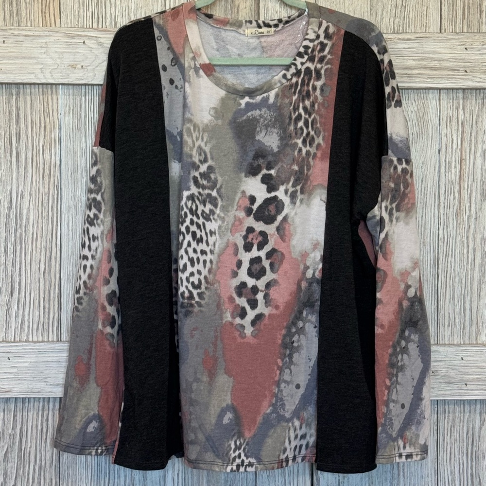 E Luna Black and Pink Patterned Long Sleeve Top sz 2X NWOT